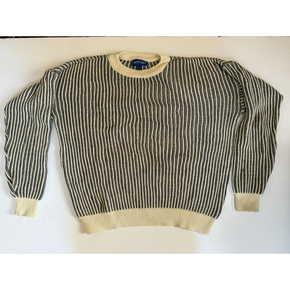 Mingo Creek Men XL Striped Sweater Beige Gray 100% Cotton Rugged Outdoors Winter